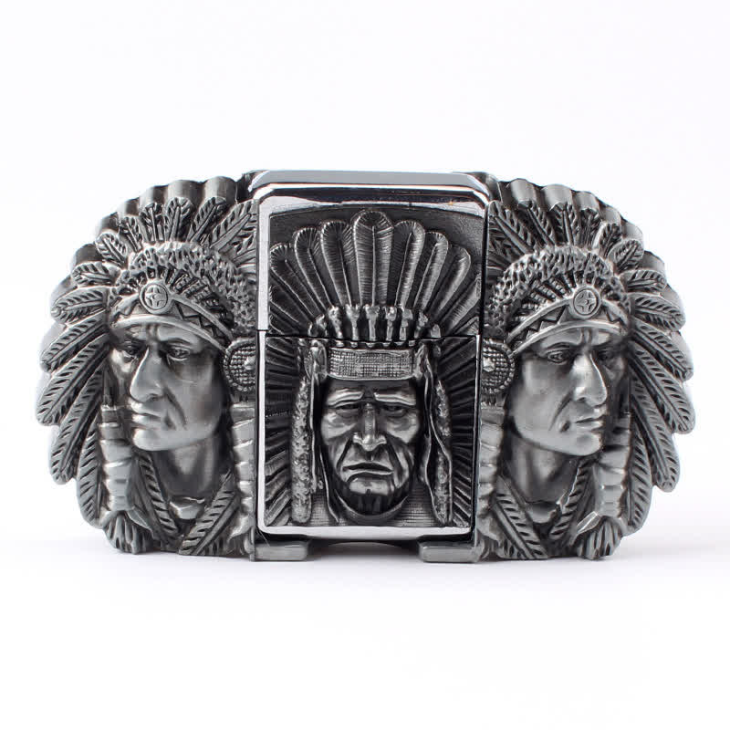 Men's DIY Indian Chief Head Leather Belt with Hidden Lighter - Silver - Without Belt - Without Belt - image 9