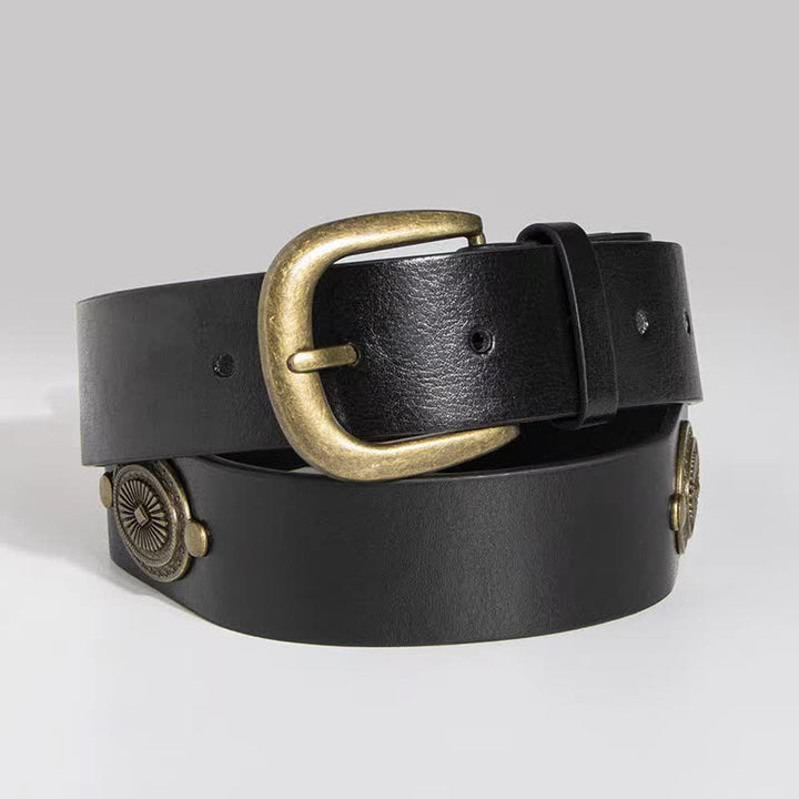 Women's Concho Rivets Metal Decoration Leather Belt - Black - 34 - image 0