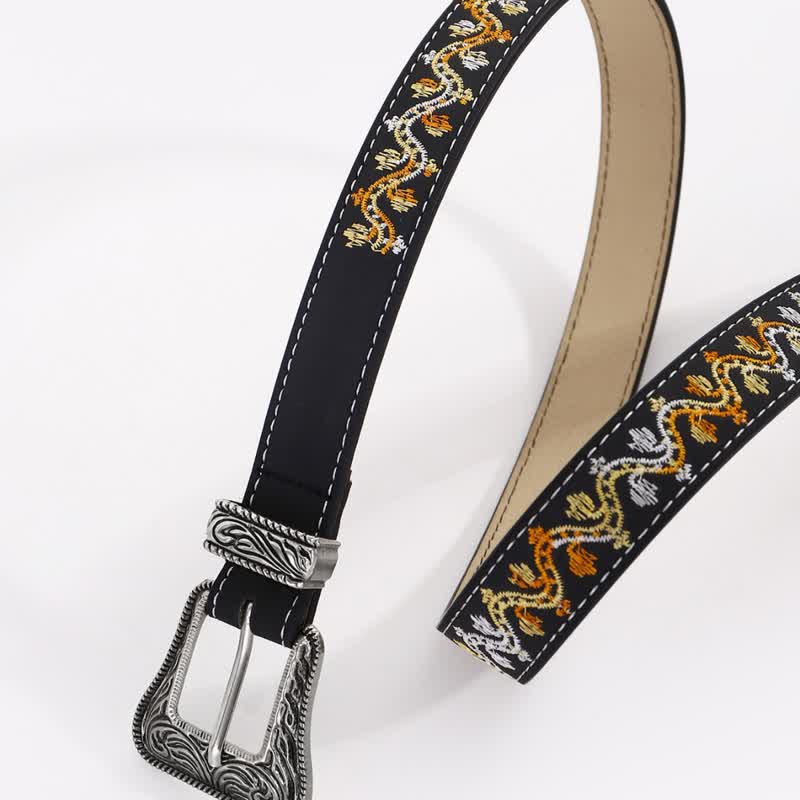 Women's Black Orange & White Embroidery Leather Belt - image 1