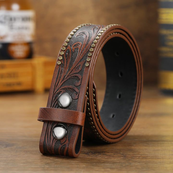 Men's DIY Leather Belt - Brown Floral Rivet Belt - 36 - image 12