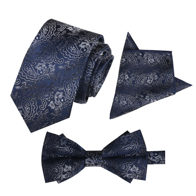 3Pcs Men's Fantasy Paisley Pocket Square Necktie Bow Tie Set - MidnightBlue - image 1