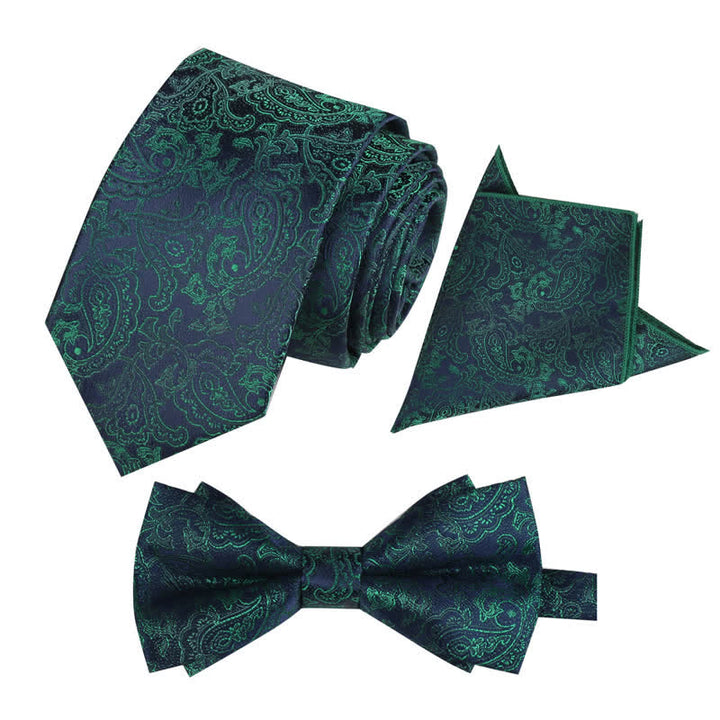 3Pcs Men's Fantasy Paisley Pocket Square Necktie Bow Tie Set - Green - image 8