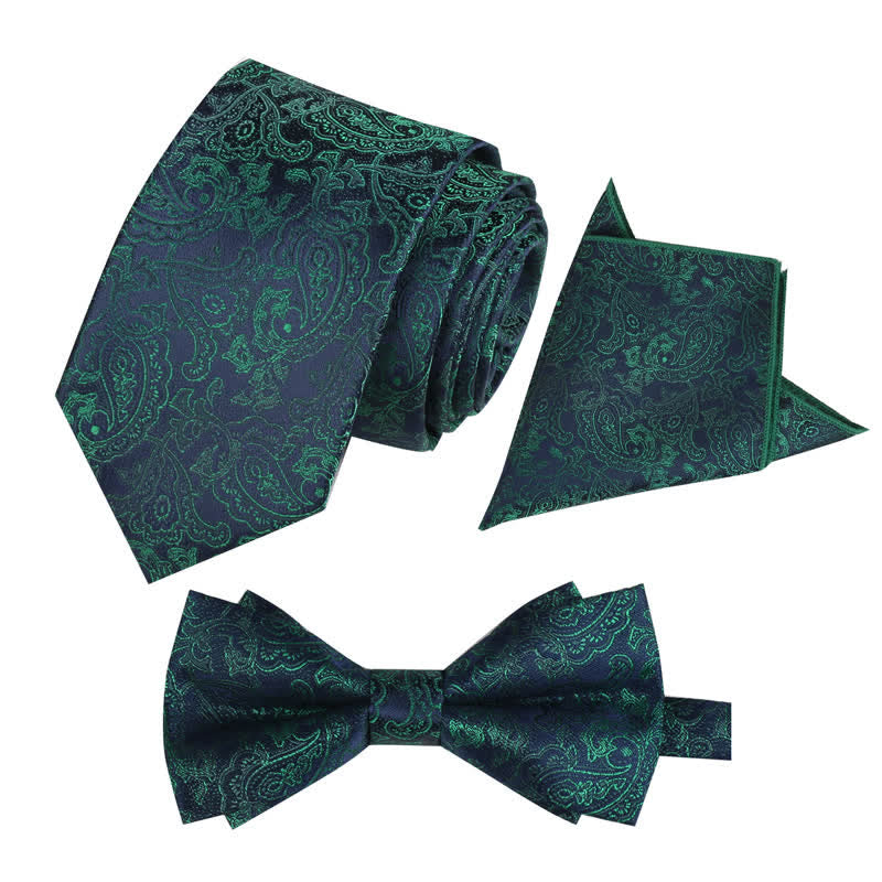 3Pcs Men's Fantasy Paisley Pocket Square Necktie Bow Tie Set - Green - image 8