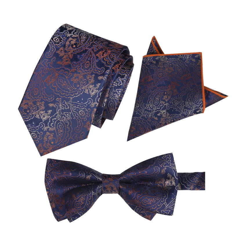 3Pcs Men's Fantasy Paisley Pocket Square Necktie Bow Tie Set - Navy - image 5