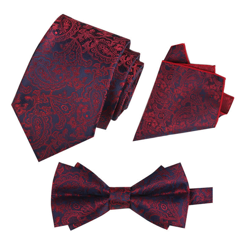 3Pcs Men's Fantasy Paisley Pocket Square Necktie Bow Tie Set - Burgundy - image 3