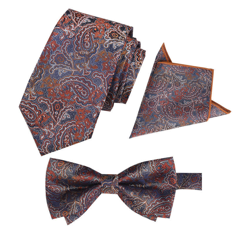 3Pcs Men's Fantasy Paisley Pocket Square Necktie Bow Tie Set - Orange - image 11