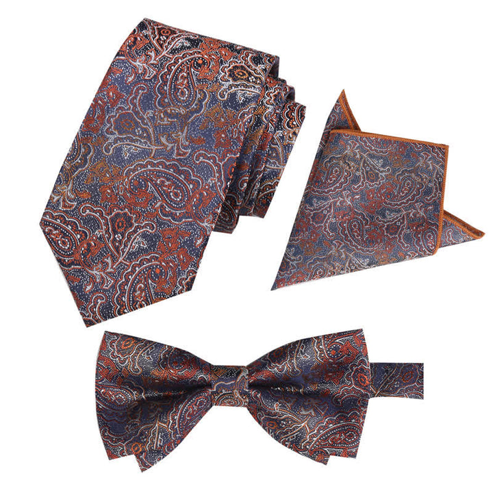 3Pcs Men's Fantasy Paisley Pocket Square Necktie Bow Tie Set - Orange - image 11