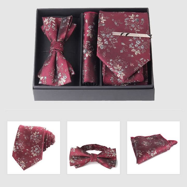3Pcs Men's Burgundy Series Pocket Square Necktie Bow Tie Set - Style #1 - image 2