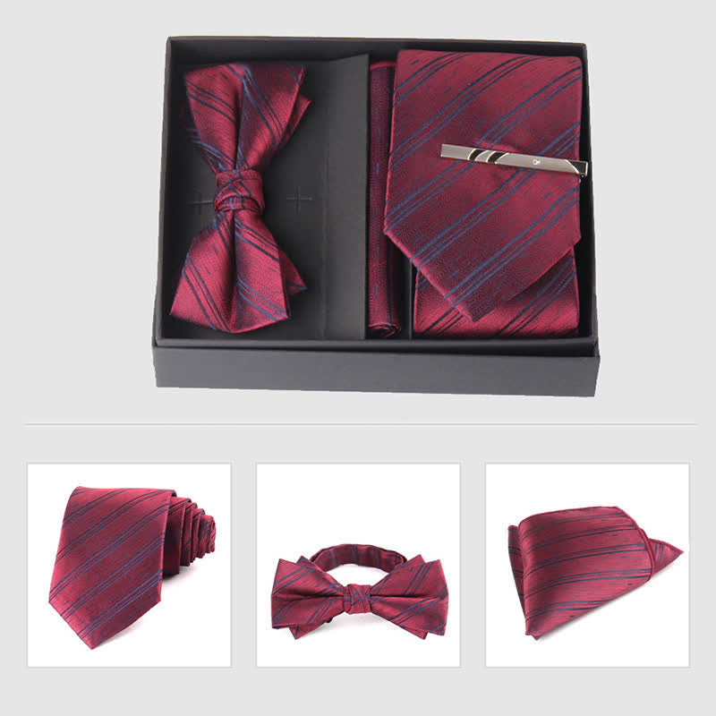 3Pcs Men's Burgundy Series Pocket Square Necktie Bow Tie Set - Style #7 - image 14