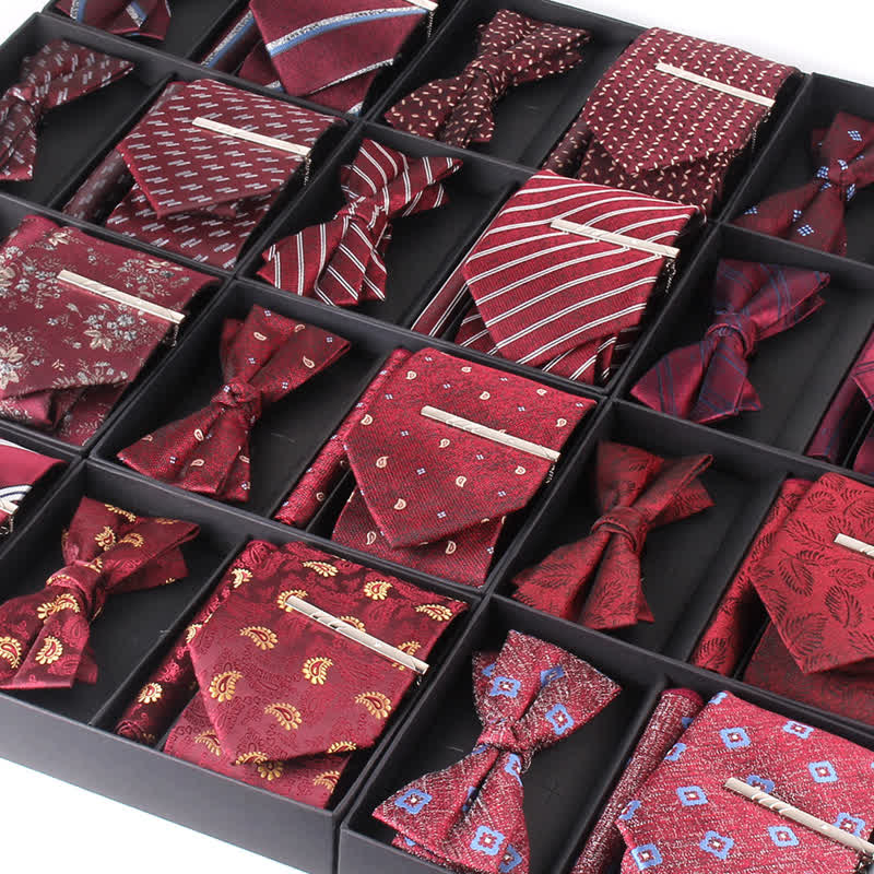3Pcs Men's Burgundy Series Pocket Square Necktie Bow Tie Set - image 1