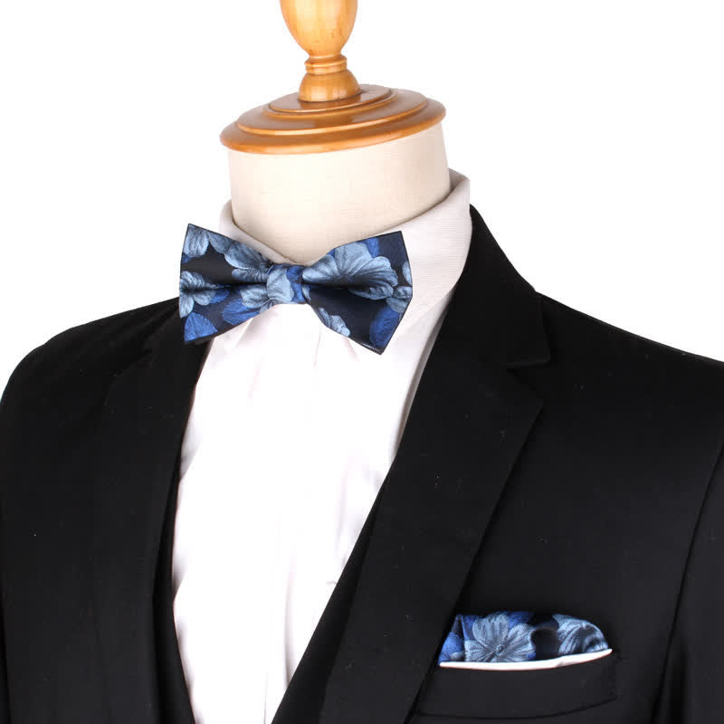 2Pcs Men's Blue & Navy Floral Pocket Square Bow Tie Set - Blue - image 0