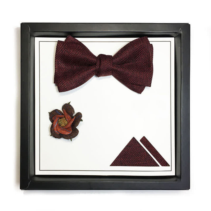 Men's Dark Wine Red British Herringbone Floral Brooch Bow Tie - Classical - 3Pcs - image 6