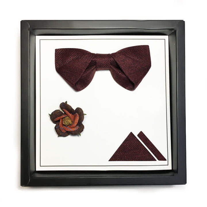 Men's Dark Wine Red British Herringbone Floral Brooch Bow Tie - Folded - 3Pcs - image 9