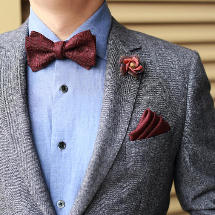 Men's Dark Wine Red British Herringbone Floral Brooch Bow Tie - image 0