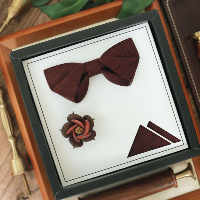 Men's Dark Wine Red British Herringbone Floral Brooch Bow Tie - image 10