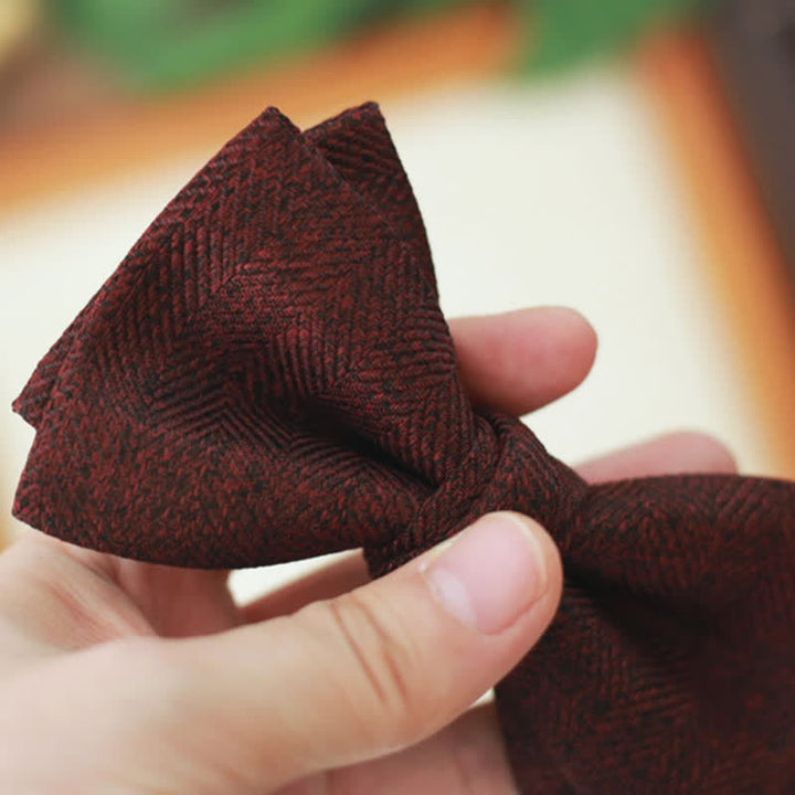 Men's Dark Wine Red British Herringbone Floral Brooch Bow Tie - image 3