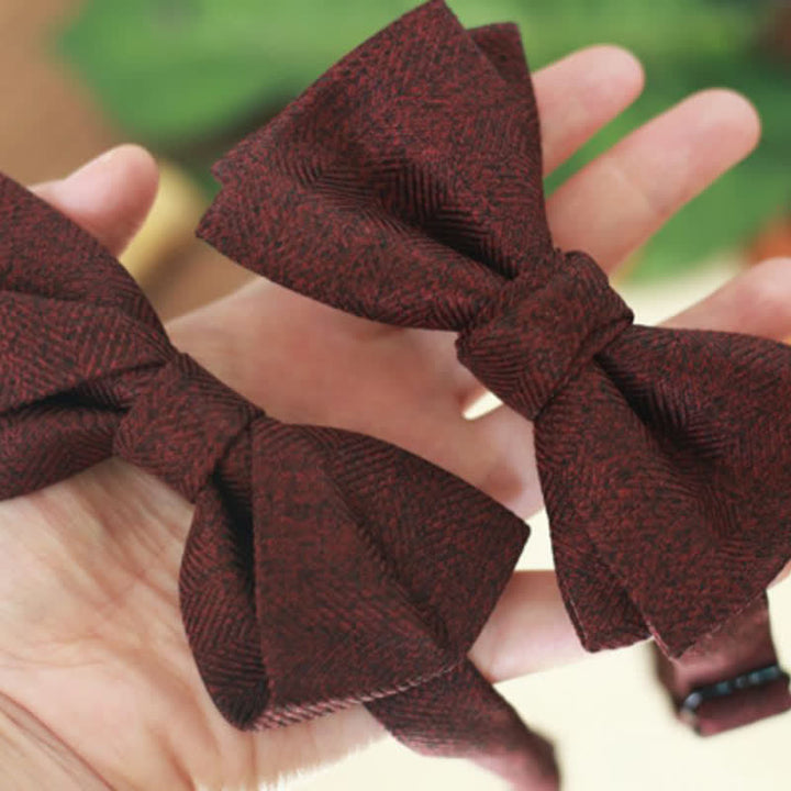 Men's Dark Wine Red British Herringbone Floral Brooch Bow Tie - image 2