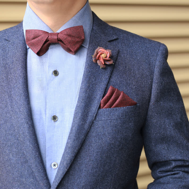 Men's Dark Wine Red British Herringbone Floral Brooch Bow Tie - image 8