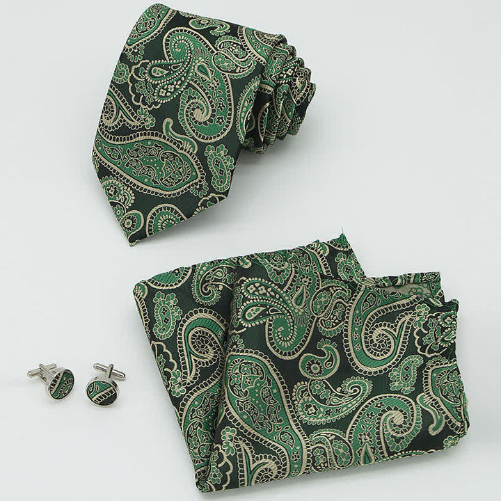 3Pcs Men's Green & Black Shade Paisley Necktie Set - image 1