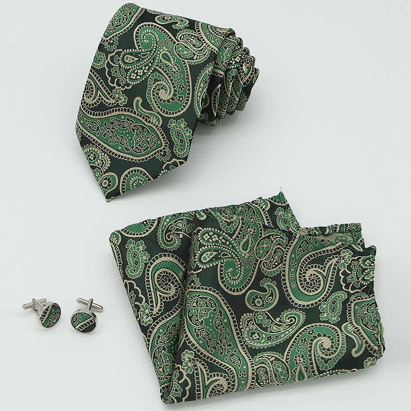 3Pcs Men's Green & Black Shade Paisley Necktie Set - image 1