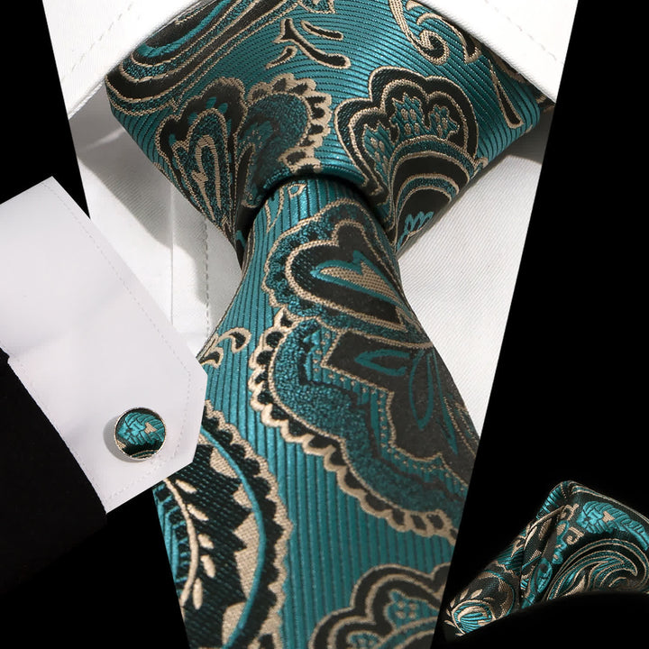 3Pcs Men's Green & Black Shade Paisley Necktie Set - DarkCyan - image 5