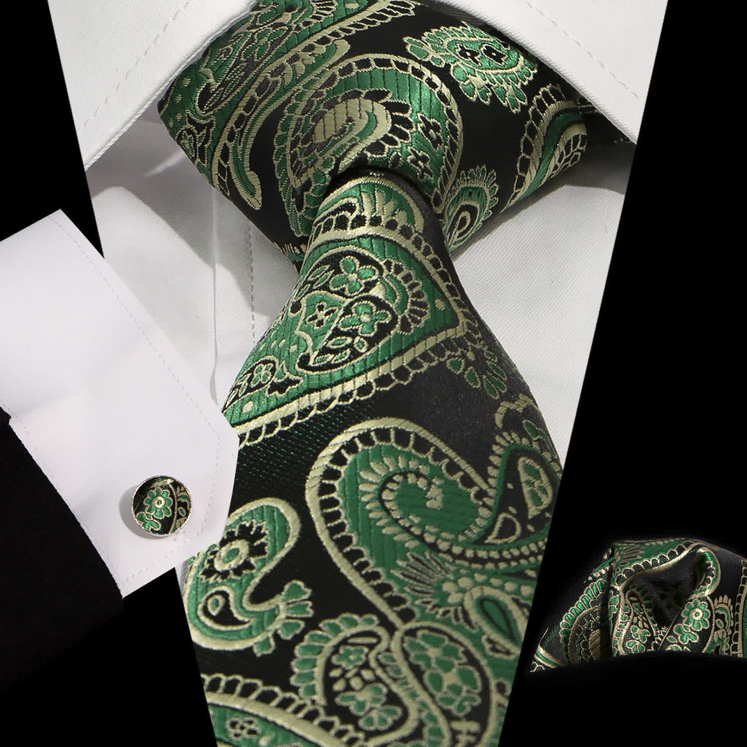 3Pcs Men's Green & Black Shade Paisley Necktie Set - Green - image 0