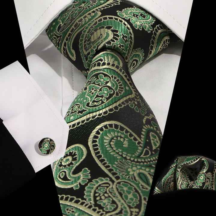 3Pcs Men's Green & Black Shade Paisley Necktie Set - Green - image 0