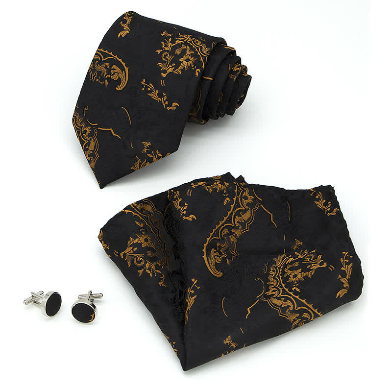 3Pcs Men's Gold & Black Exquisite Paisley Embroidery Necktie Set - image 6