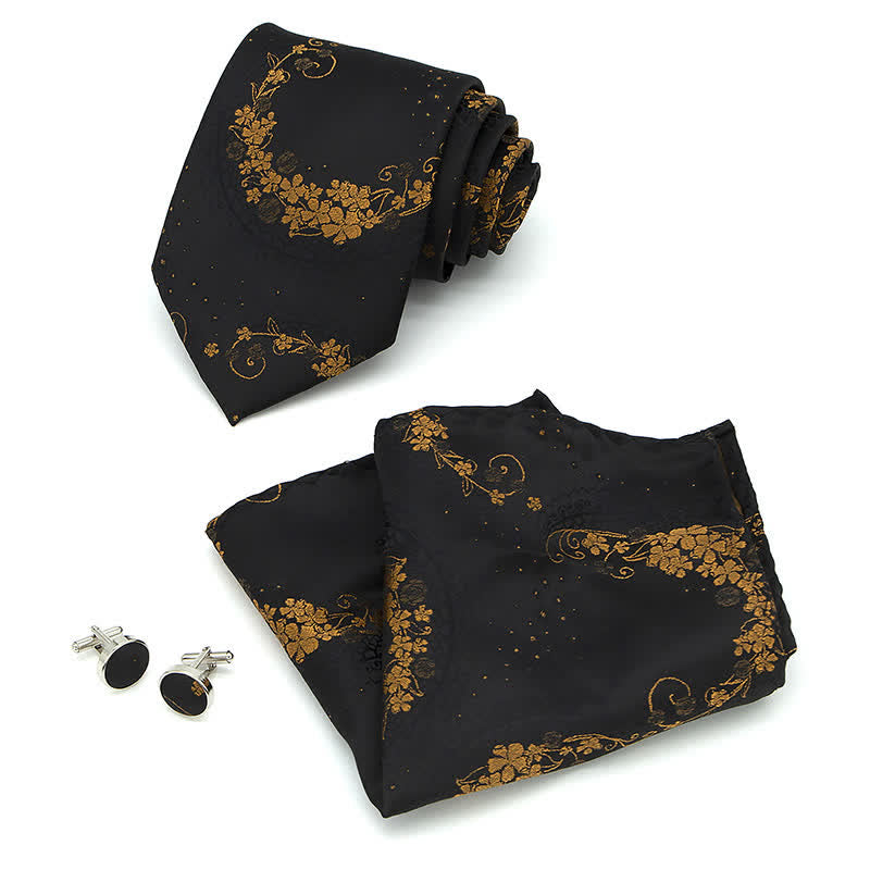 3Pcs Men's Gold & Black Exquisite Paisley Embroidery Necktie Set - image 1