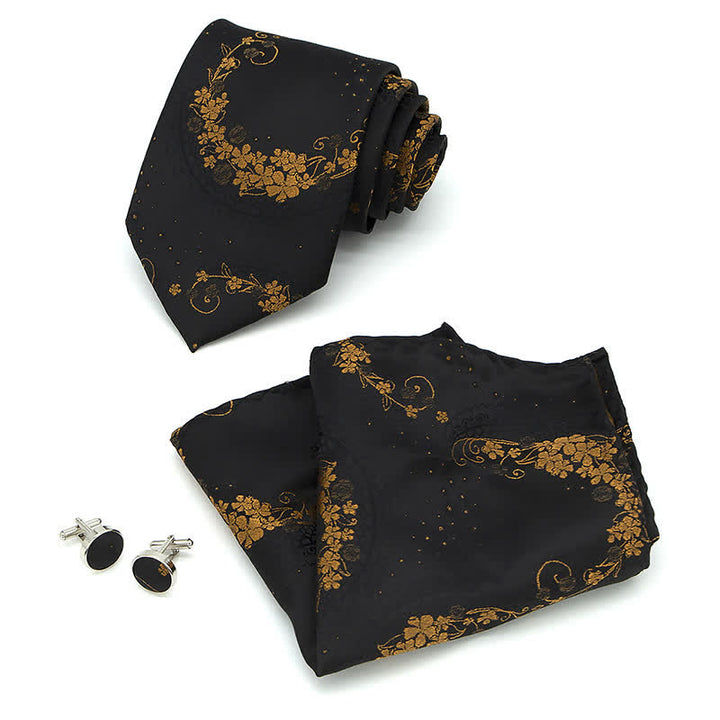 3Pcs Men's Gold & Black Exquisite Paisley Embroidery Necktie Set - image 1