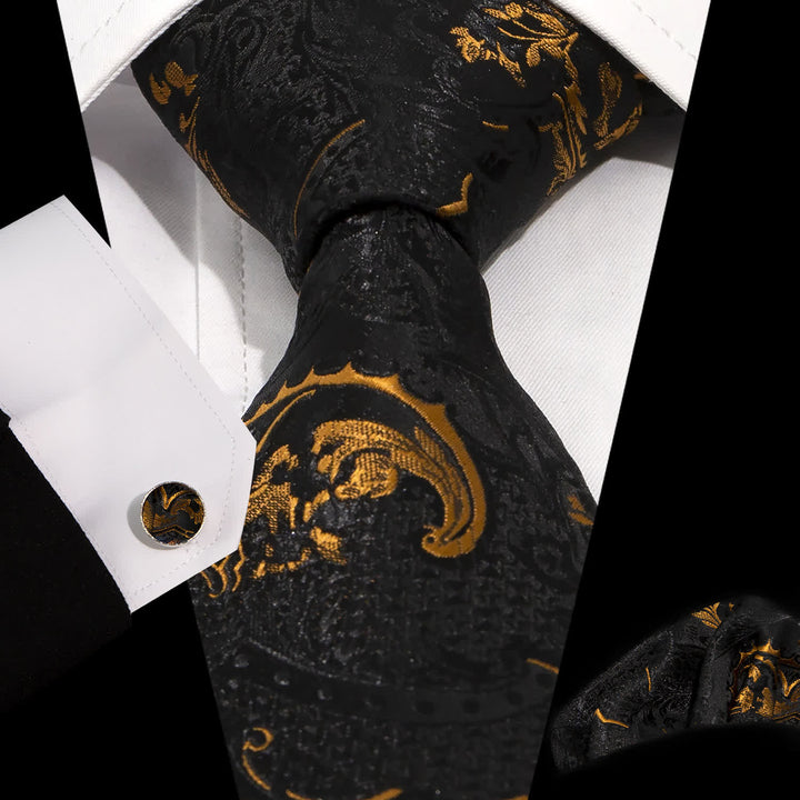 3Pcs Men's Gold & Black Exquisite Paisley Embroidery Necktie Set - Style #2 - image 5