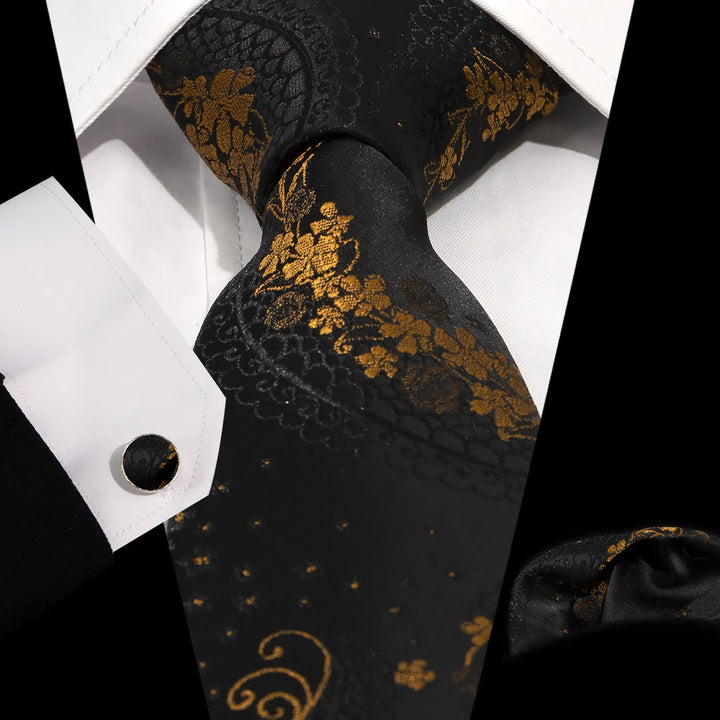 3Pcs Men's Gold & Black Exquisite Paisley Embroidery Necktie Set - Style #1 - image 0