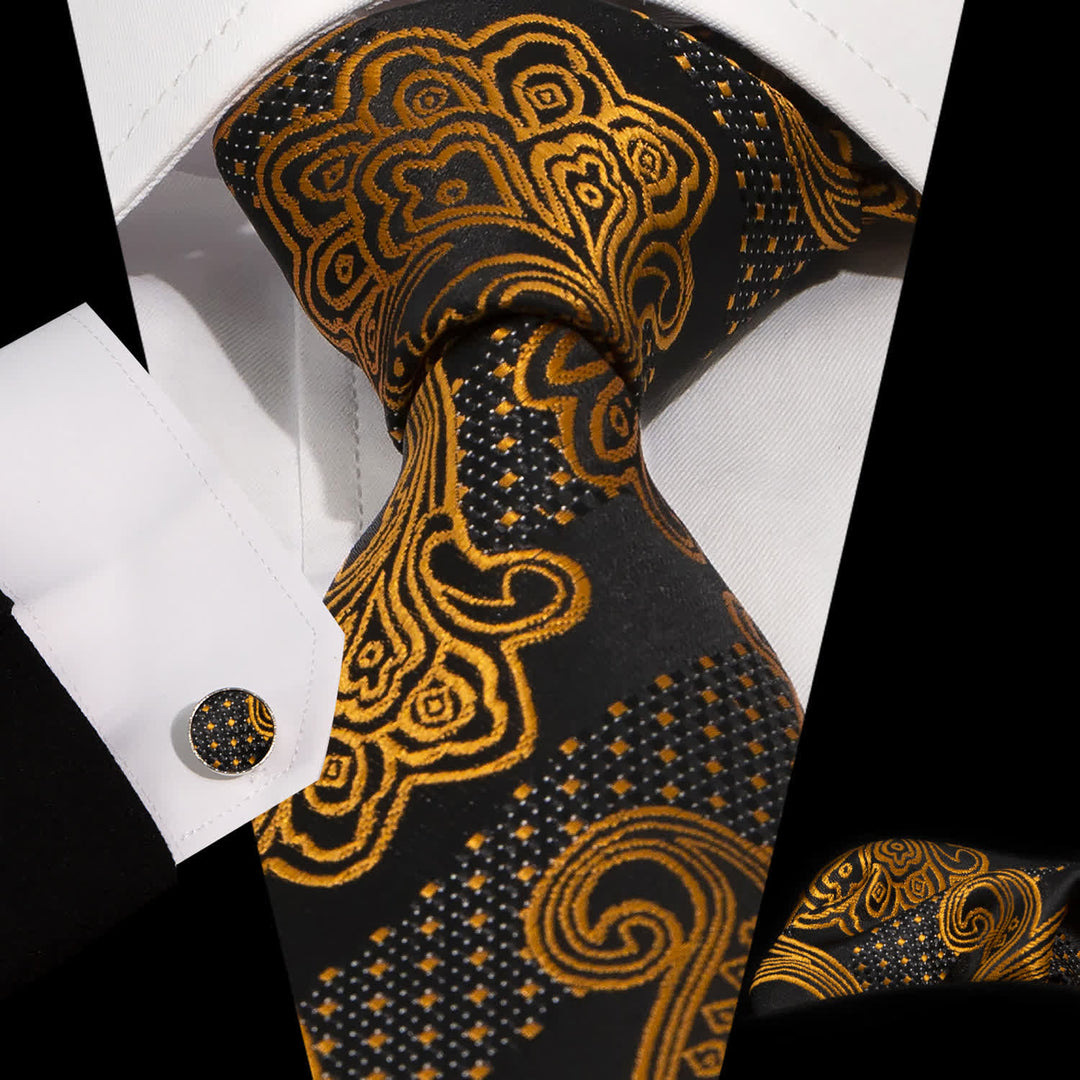 3Pcs Men's Gold & Black Exquisite Paisley Embroidery Necktie Set - Style #3 - image 10