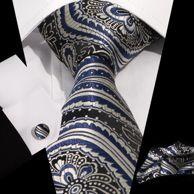 3Pcs Men's Novelty Blue Silver Paisley Jacquard Necktie Set - Blue & Silver - image 0
