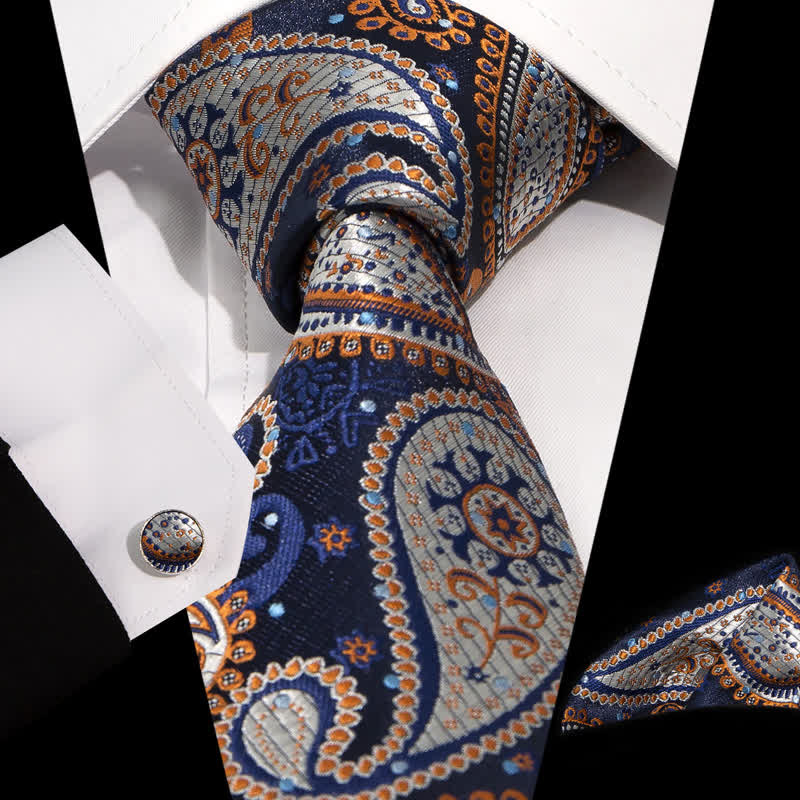 3Pcs Men's Navy White Orange Paisley Jacquard Necktie Set - Navy & White - image 0
