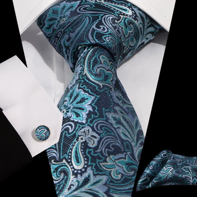 3Pcs Men's DarkTurquoise Paisley Flower Pattern Necktie Set - DarkTurquoise - image 0