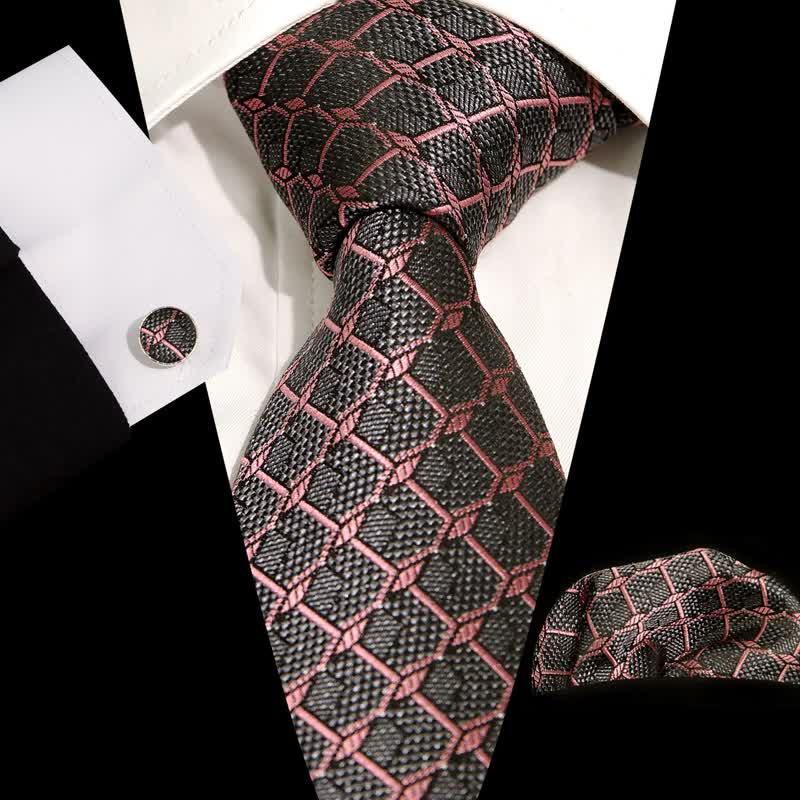 3Pcs Men's Gentlement Checked Plaid Necktie Set - Pink & Gray - image 10