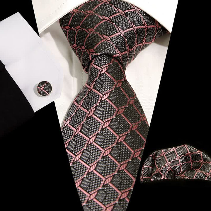 3Pcs Men's Gentlement Checked Plaid Necktie Set - Pink & Gray - image 10