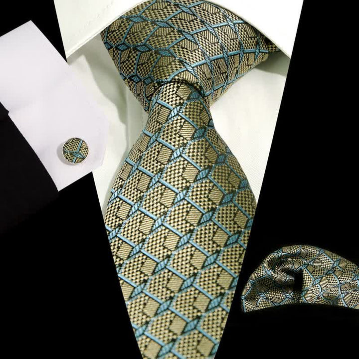 3Pcs Men's Gentlement Checked Plaid Necktie Set - Sky Blue & Khaki - image 15