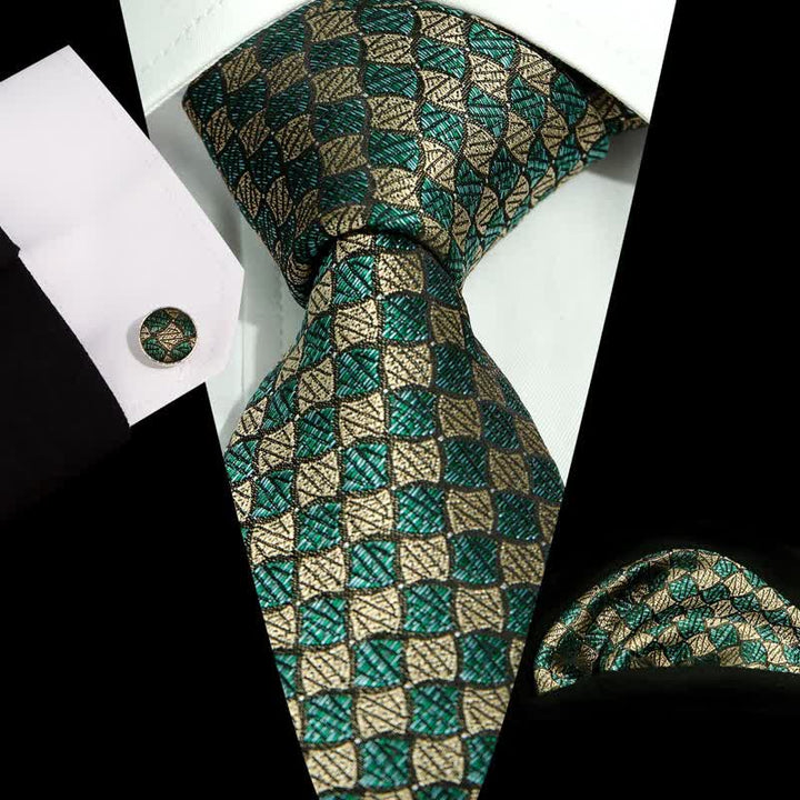 3Pcs Men's Gentlement Checked Plaid Necktie Set - Green & Gold - image 0