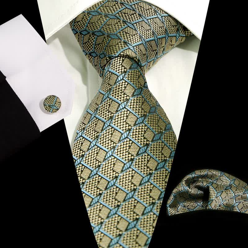 3Pcs Men's Gentlement Checked Plaid Necktie Set - Sky Blue & Khaki - image 15