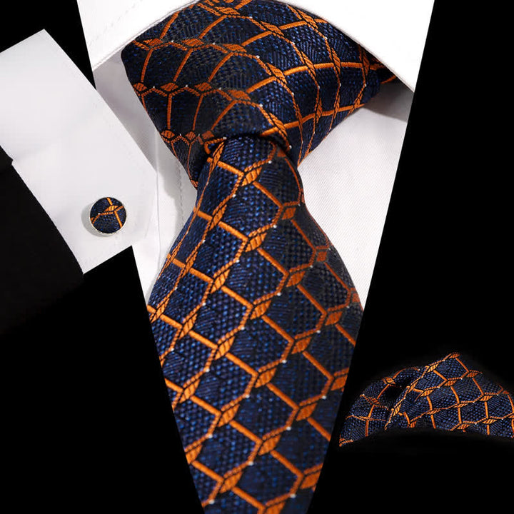 3Pcs Men's Gentlement Checked Plaid Necktie Set - Navy & Orange - image 5