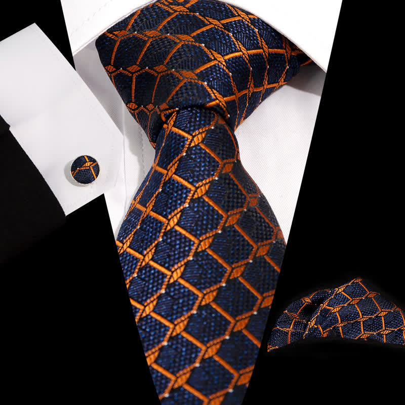 3Pcs Men's Gentlement Checked Plaid Necktie Set - Navy & Orange - image 5