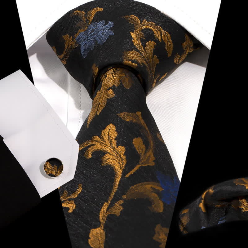 3Pcs Men's Black & Gold Leaves Blue Flower Necktie Set - Black & Gold - image 0