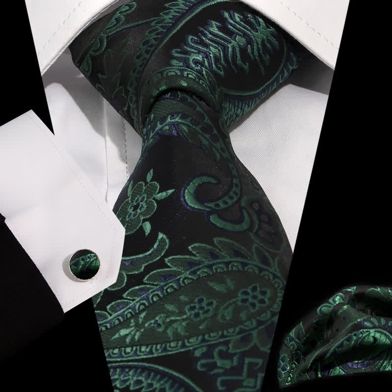 3Pcs Men's Mysterious Dark Green & Black Paisley Necktie Set - Dark Green & Black - image 0