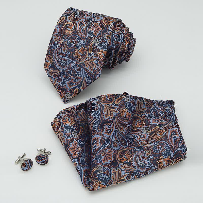 3Pcs Men's Beautiful Blue & Orange Paisley Necktie Set - image 1