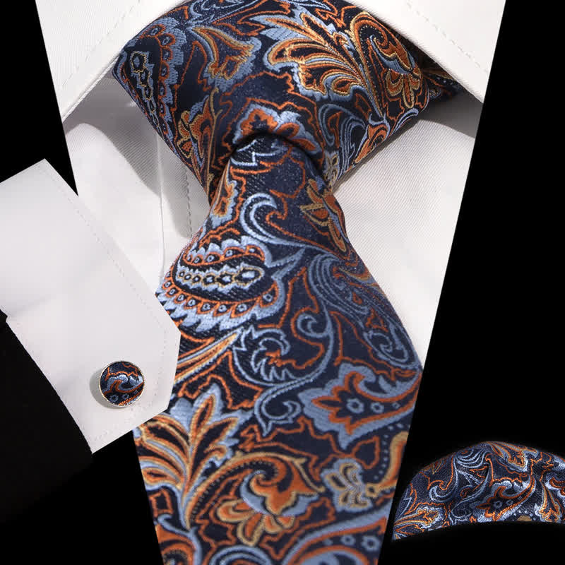 3Pcs Men's Beautiful Blue & Orange Paisley Necktie Set - Blue & Orange - image 0