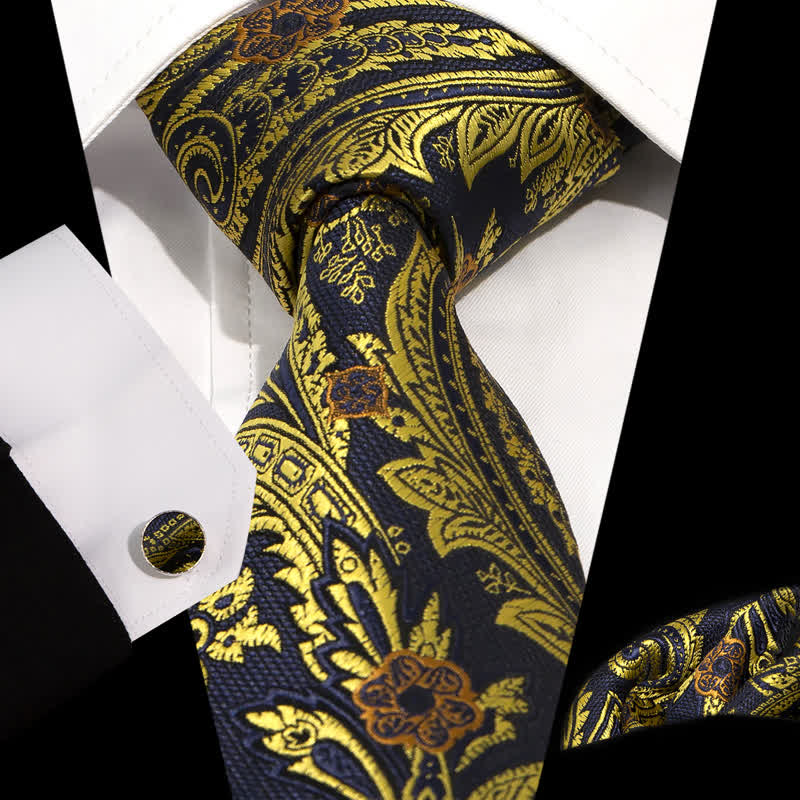 3Pcs Men's Yellow & Black Paisley Woven Flower Necktie Set - Yellow & Black - image 0