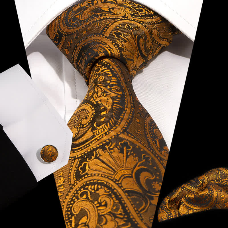 3Pcs Men's Luxurious Gold & Black Paisley Pattern Necktie Set - Gold & Black - image 0
