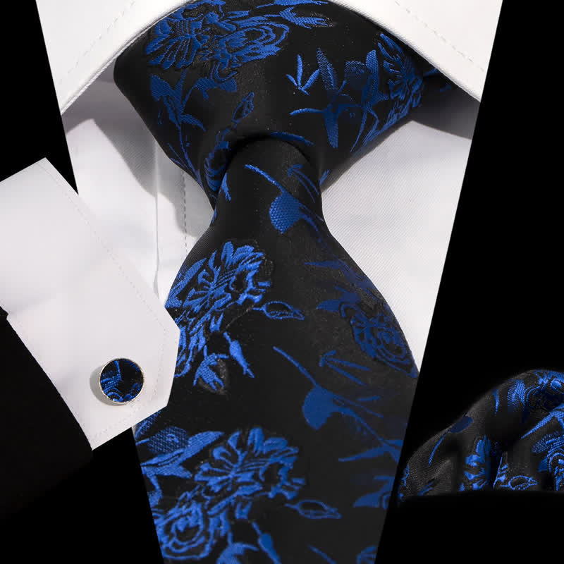 3Pcs Men's Royal Blue & Black Flower Leaves Necktie Set - Royal Blue & Black - image 0